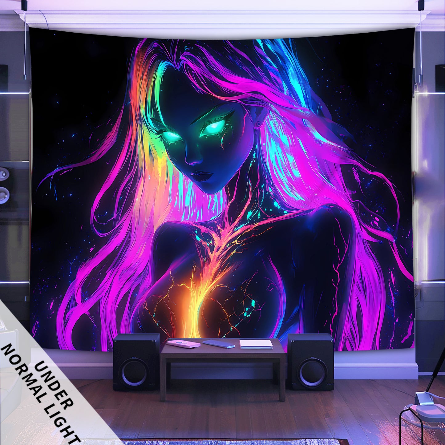 1pc Large UV Glow in the Dark Tapestry - Neon Glow under Light, Anime-Themed Fluorescent Wall Hanging for bedroom, Parties, Wrinkle-Resistant Fabric with Hand-Stitched Edges, UV Activated for home Decor (No installation)