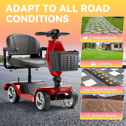 HOMYKING Red Travel-Friendly HOMYKING Foldable 4-Wheel Electric Scooter, 250W Power + Dual Suspension, 15 Miles Range + Front Brake, Detachable Basket + Front Light, For Adults/Elders, 265lbs Capacity