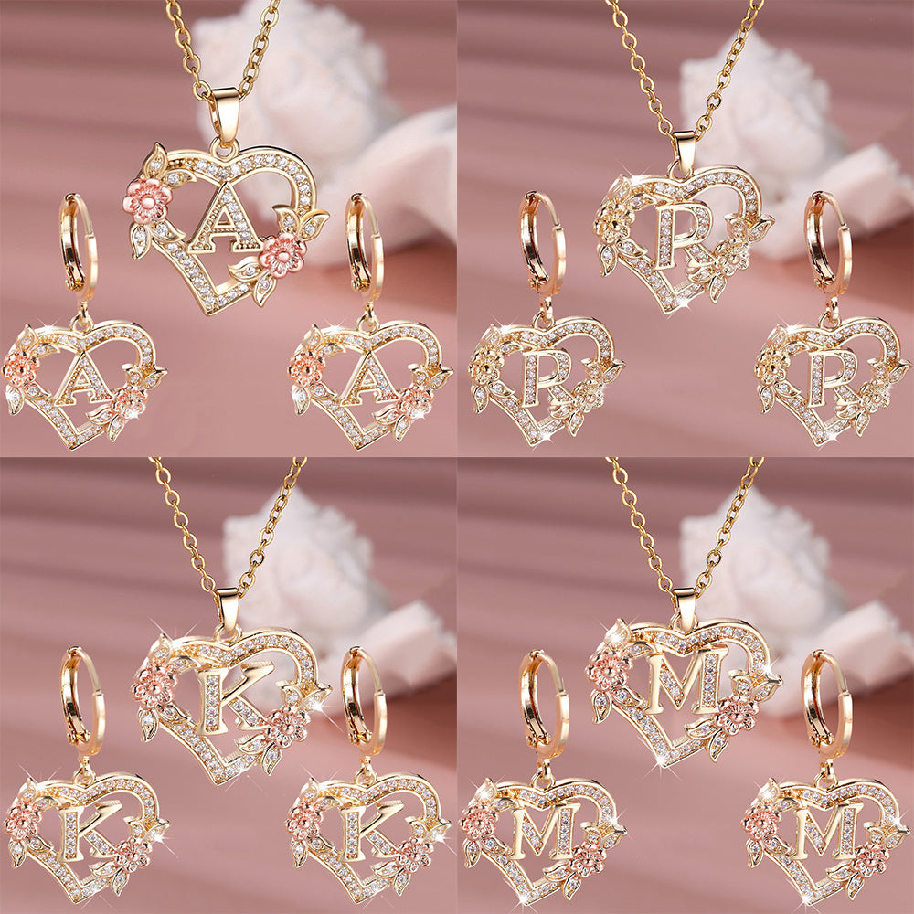 3pcs Women's Initial Jewelry Set - Heart-Shaped Interlocking Link Necklace & Earrings with 26-Letter Monogram, Elegant Golden-Tone -Accented Letters, Dainty Everyday Gift for Mother's Day, Graduation, Birthdays (Pink & Clear