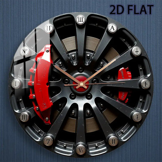 12 Inch Large Industrial Modern Minimalist Glass Wall Clock with Black Metallic Spoke Face & Red Caliper Hands - Silent Quartz Movement, Battery- (AA Battery Not Included) - Large Round Clock for Living Room, Bedroom, Kitchen