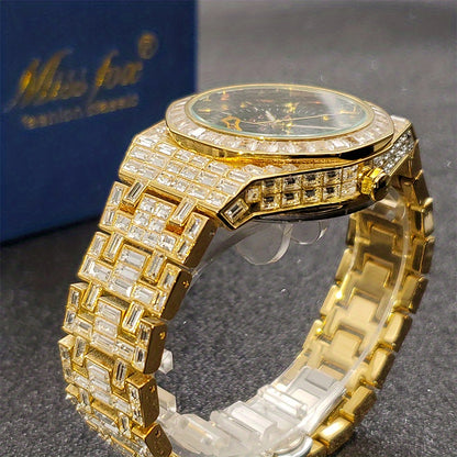 Automatic Hollow Mechanical Watch Men'S Tourbillon Mechanical Watch Luxury All Rhinest Glass Transparent Bottom Men'S Watch Gift, Without Battery