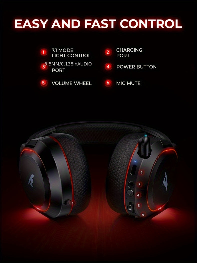 Wireless Gaming Headset with 7.1 Surround Sound, 2.4GHz USB Wireless Gaming Headphones, 100H Battery, Wireless 5.4, ENC Noise Canceling Mic, RGB Light, Wireless Headset for PC PS5 PS4 Mac Switch