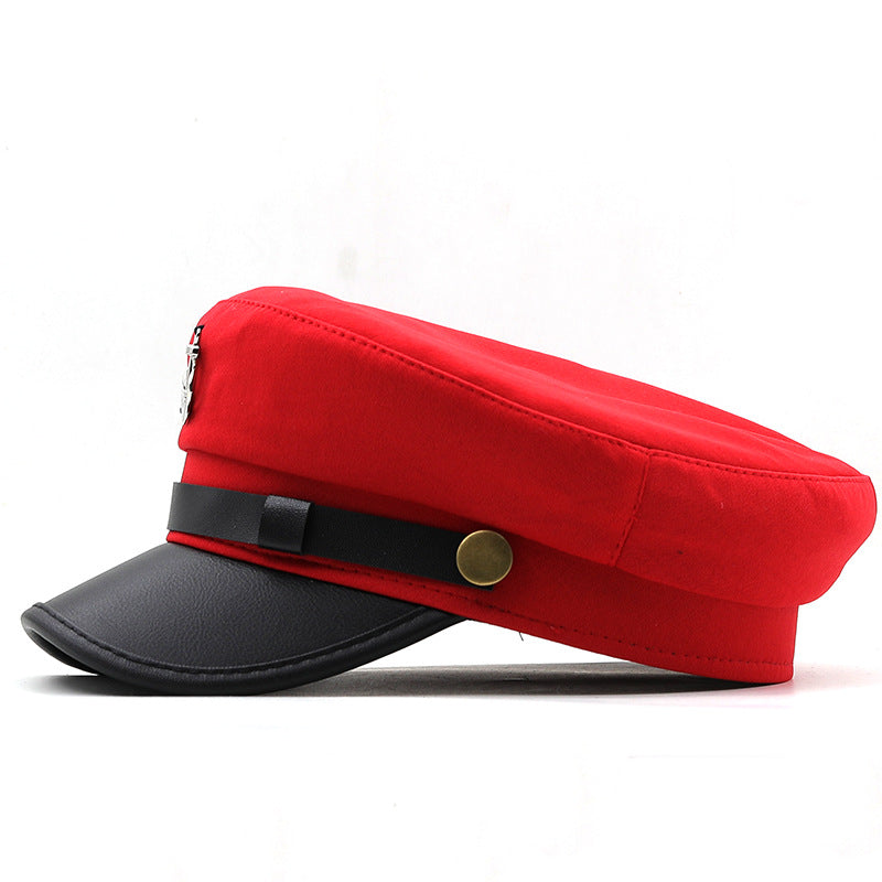 Women's Nautical Anchor Beret Hat - Red & Black Yacht with White Anchor Emblem, Adjustable Buckle Closure, Large Head Size for Face, All-Season Lightweight French-Style for Sailing, Parties & Maritime Events