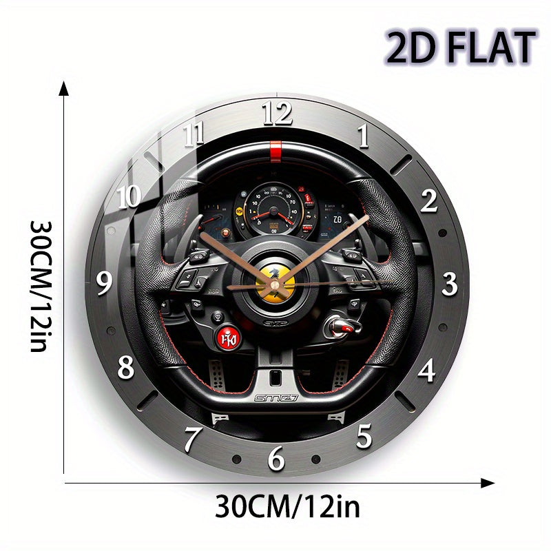 12-inch Modern Racing-Themed Steering Wheel Wall Clock - Silent Quartz Movement, Black & Red Accent Glass Face with White Hands, Battery-Powered (AA Not Included) - Unique Home Decor for Bedroom, Living Room, Garage, for Man