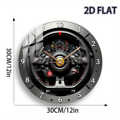 12-inch Modern Racing-Themed Steering Wheel Wall Clock - Silent Quartz Movement, Black & Red Accent Glass Face with White Hands, Battery-Powered (AA Not Included) - Unique Home Decor for Bedroom, Living Room, Garage, for Man