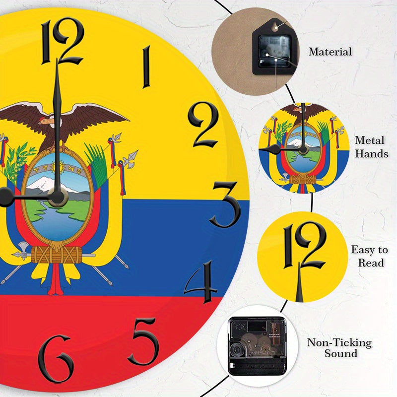 1pc Rustic Farmhouse Ecuador Flag Wooden Wall Clock, Silent Quartz Movement, Round Shape, AA Battery Operated (Not Included), Decorative Inspirational Timepiece for Kitchen, Bedroom, Living Room, Bathroom, Office - 2D Flat De