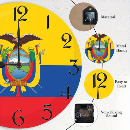 1pc Rustic Farmhouse Ecuador Flag Wooden Wall Clock, Silent Quartz Movement, Round Shape, AA Battery Operated (Not Included), Decorative Inspirational Timepiece for Kitchen, Bedroom, Living Room, Bathroom, Office - 2D Flat De