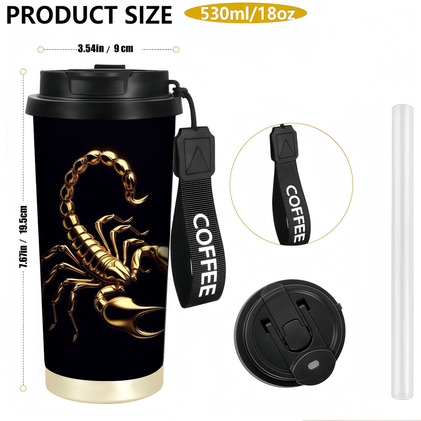 1pc 18oz Stainless Steel Tumbler with Golden Scorpion Design, Leak-Proof, Reusable Coffee Cup & Mug, Anti-Slip Base, Perfect Gift for Halloween, Christmas, Easter, Thanksgiving, Graduation, Coffee Travel Mug