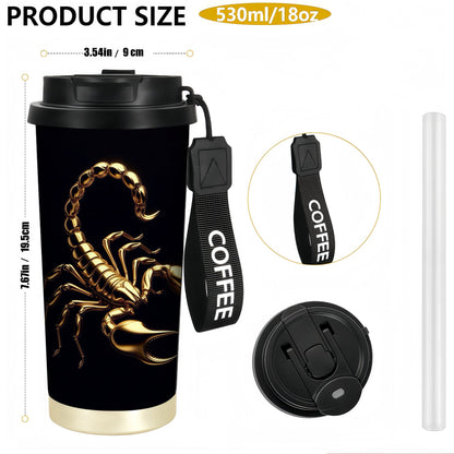 1pc 18oz Stainless Steel Tumbler with Golden Scorpion Design, Leak-Proof, Reusable Coffee Cup & Mug, Anti-Slip Base, Perfect Gift for Halloween, Christmas, Easter, Thanksgiving, Graduation, Coffee Travel Mug