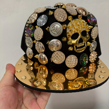 Handcrafted Rivet Studded Fashion Baseball Cap - Lightweight Polyester, Casual Street Style with Colorful Gemstones and Skull Motif for Dance and Performance