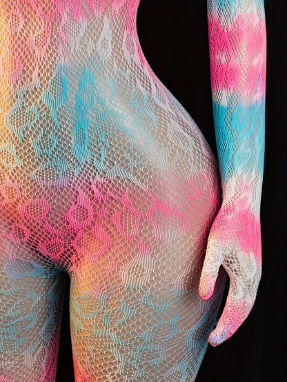[Vibrant Jumpsuit] Vibrant Ombre Gradient Bodysuit Jumpsuit - Long Sleeve, Sheer Jacquard Design | Sexy, Adult Wear, Adult Clothing, Vibrant Pink, Blue, and Purple Hues