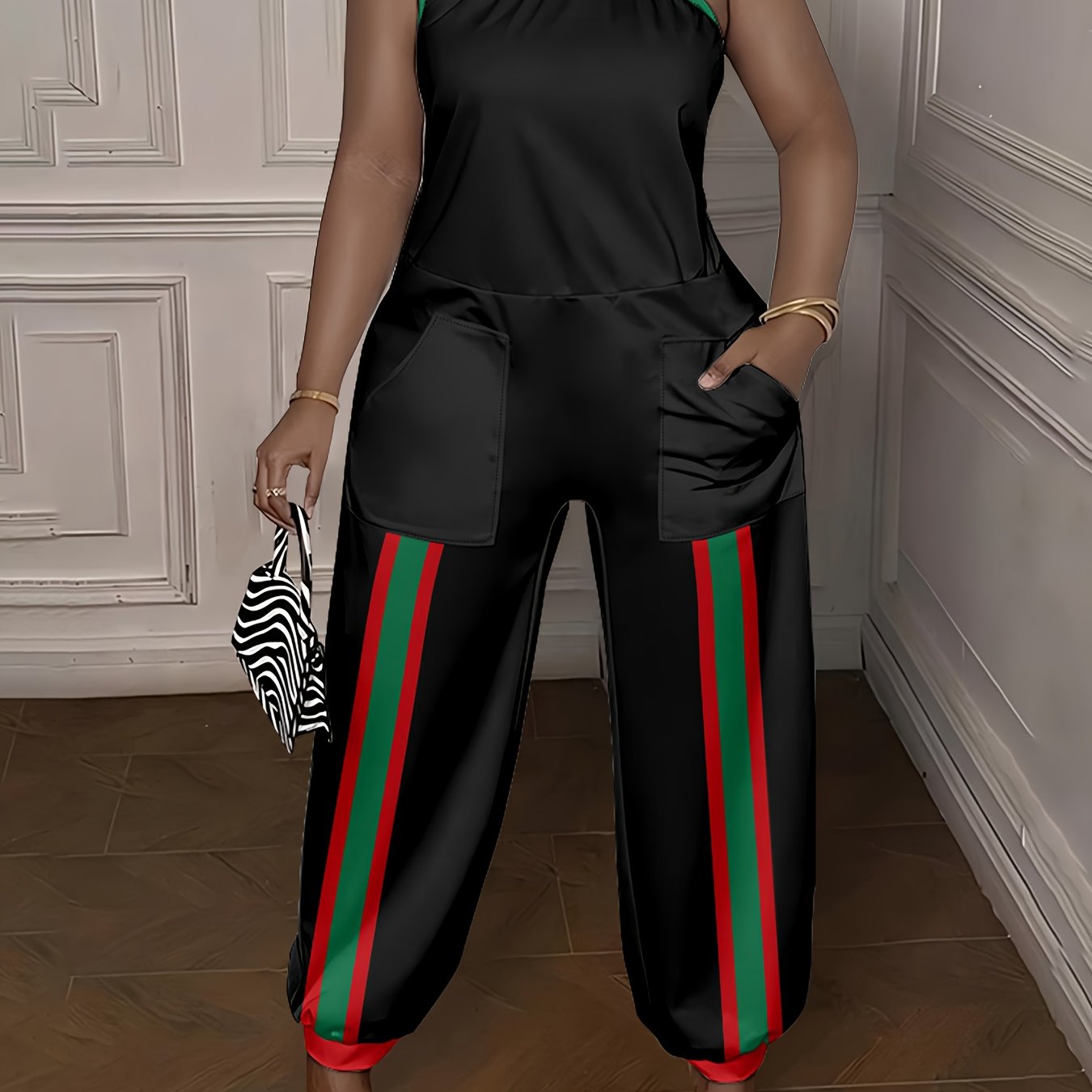 Women'S Elegant Off-the-Shoulder Harem Pantjumpsuit - Black & Green Striped Digital Print, Sleeveless Regular Fit Long Length Casual Streetwear for Spring Summer Fall, Versatile Outfit, Comfortable Wear