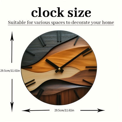 [Artistic Wall Clock] 12-inch Artistic Round Glass Wall Clock, Silent Non-Ticking High Quality Movement, 3mm Thickened Steel Tempered Glass, Faux Wood Grain Nordic Style with Corrugated Design | 1pc, Living Room Bedroom Home