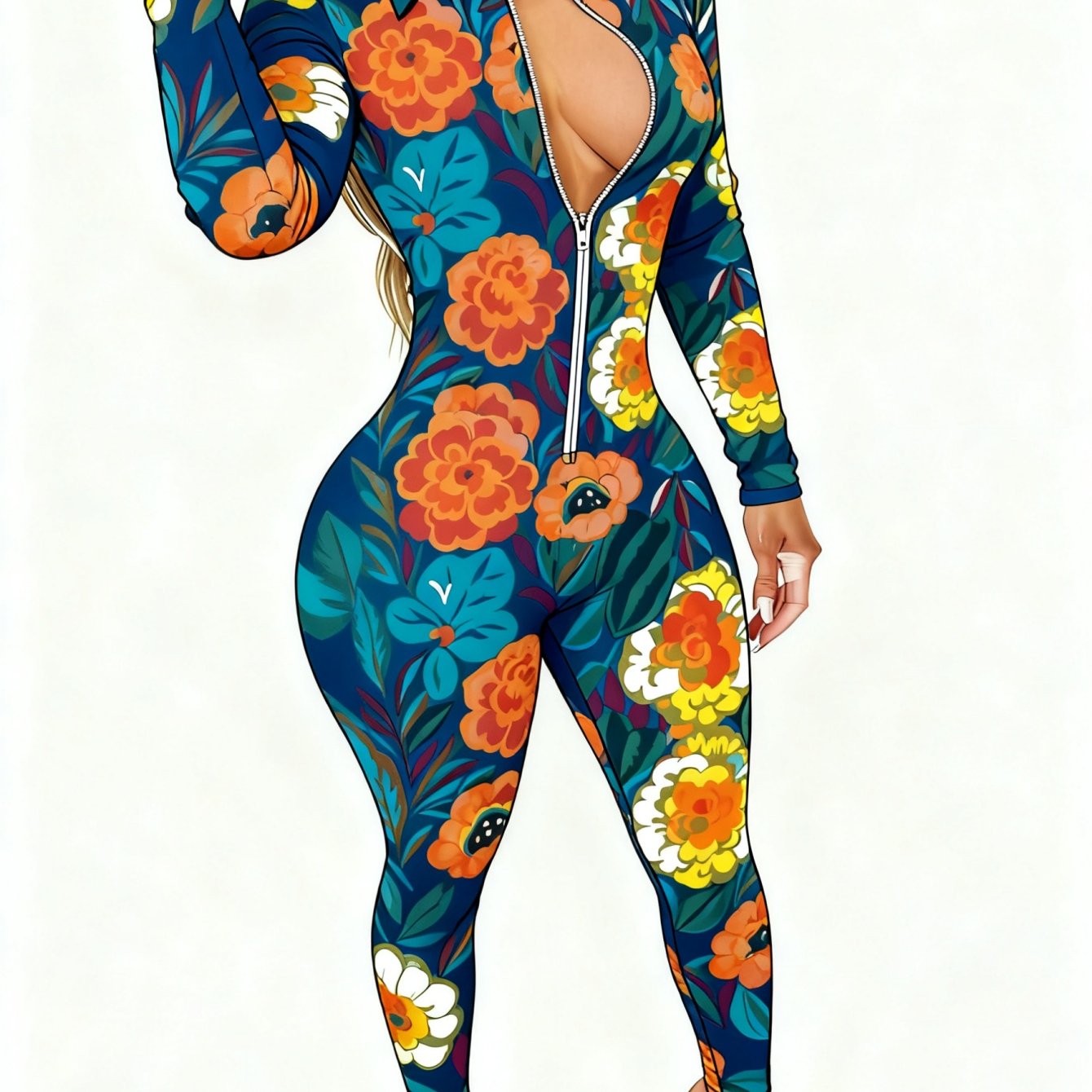 Plus Size - Women'S Sexy V-Neck Jumpsuit | Zipper Closure, Fashion Printed, Versatile for Party, Club & Daily Wear, 4-Season Fashion Outfit, Slight Stretch Fabric