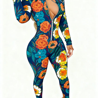 Plus Size - Women'S Sexy V-Neck Jumpsuit | Zipper Closure, Fashion Printed, Versatile for Party, Club & Daily Wear, 4-Season Fashion Outfit, Slight Stretch Fabric