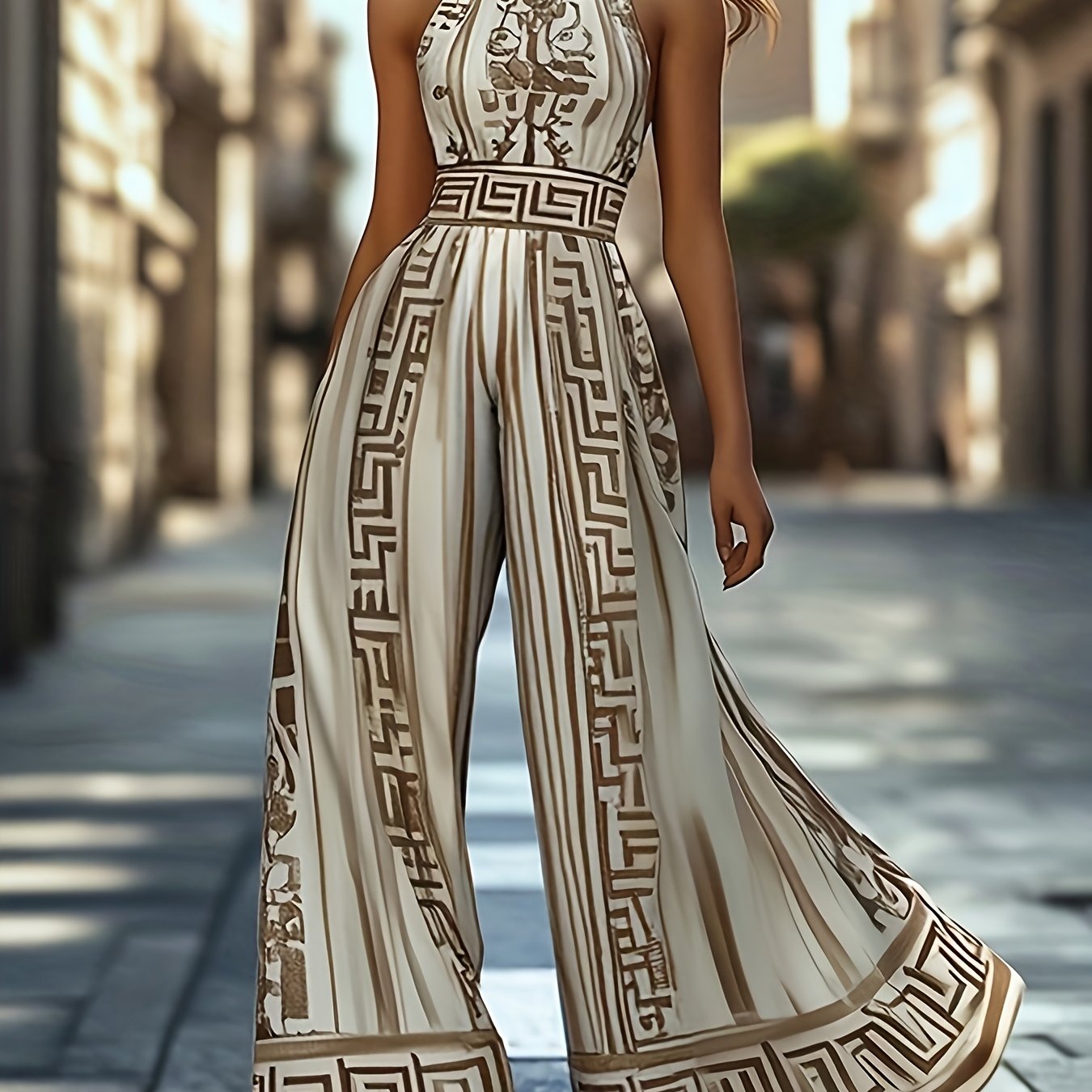 Ladies' Summer New Fashionable Stand Up Collar Sleeveless Off Shoulder Wide Leg Jumpsuit Casual Retro Patterned Jumpsuit