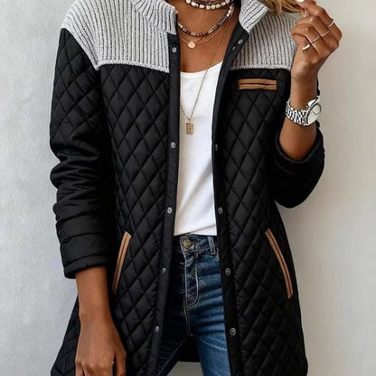 HERTALK Women's Patchwork Round-neck Long-sleeved Pocket Loose Diamond American-style Jacket