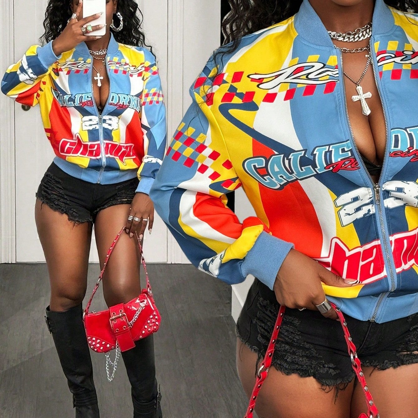 Women'S Racing Windbreaker with Color-Blocked Prints | Featuring Alphanumeric And Plaid Elements, This Loose-Fitting Jacket Is Perfect for Street Style, Casual Outings, And Unique Social Events.