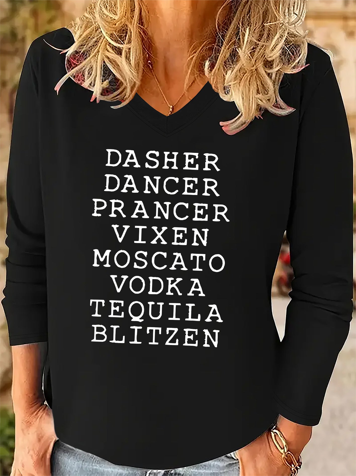 Women'S Fashionable Long Sleeve V-Neck T-Shirt with "Dasher, Dancer, Prancer, Vixen, Moscato, Blitzien" Print Design - Casual Autumn and Winter Long Sleeve Tee
