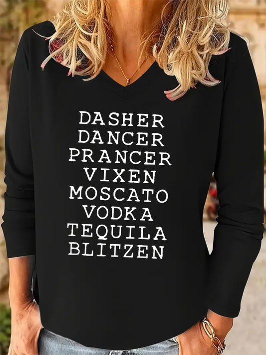 Women'S Fashionable Long Sleeve V-Neck T-Shirt with "Dasher, Dancer, Prancer, Vixen, Moscato, Blitzien" Print Design - Casual Autumn and Winter Long Sleeve Tee