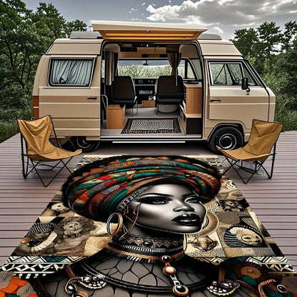 African-Inspired Tribal Art RV Camping Mat with Ethnic Headwrap Design - Durable Indoor/Outdoor Rug for Camping, Picnics, Living Room & Bedroom Decor, Camping Decorations