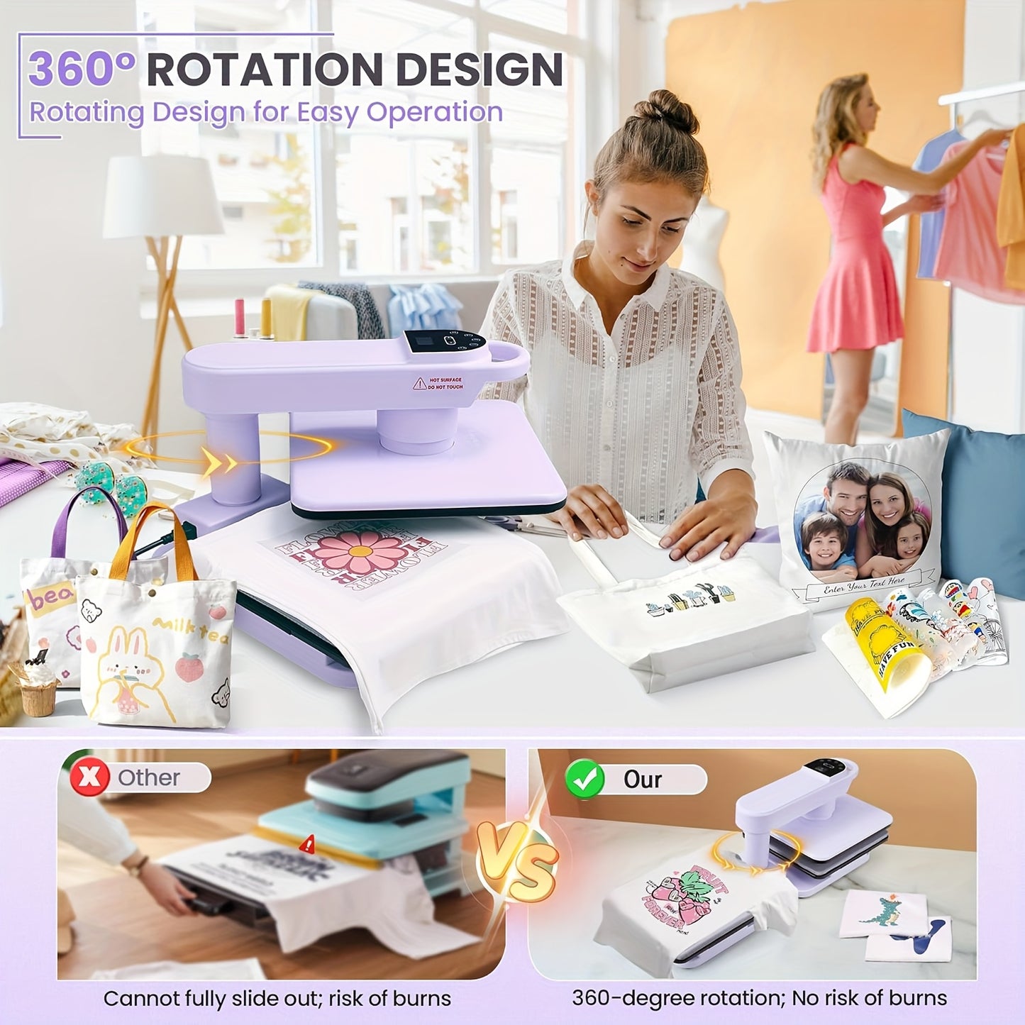 15x15 Inch Swivel Auto Heat Press Machine, 360° Swing Away Smart T-Shirt Printing W/Auto Press & Auto Release & Auto-Off, 7 Adjustable Pressures & 1.85" Higher Heating Height for HTV, Dual-tube Heatinbg, Sublimation, Heat Tr