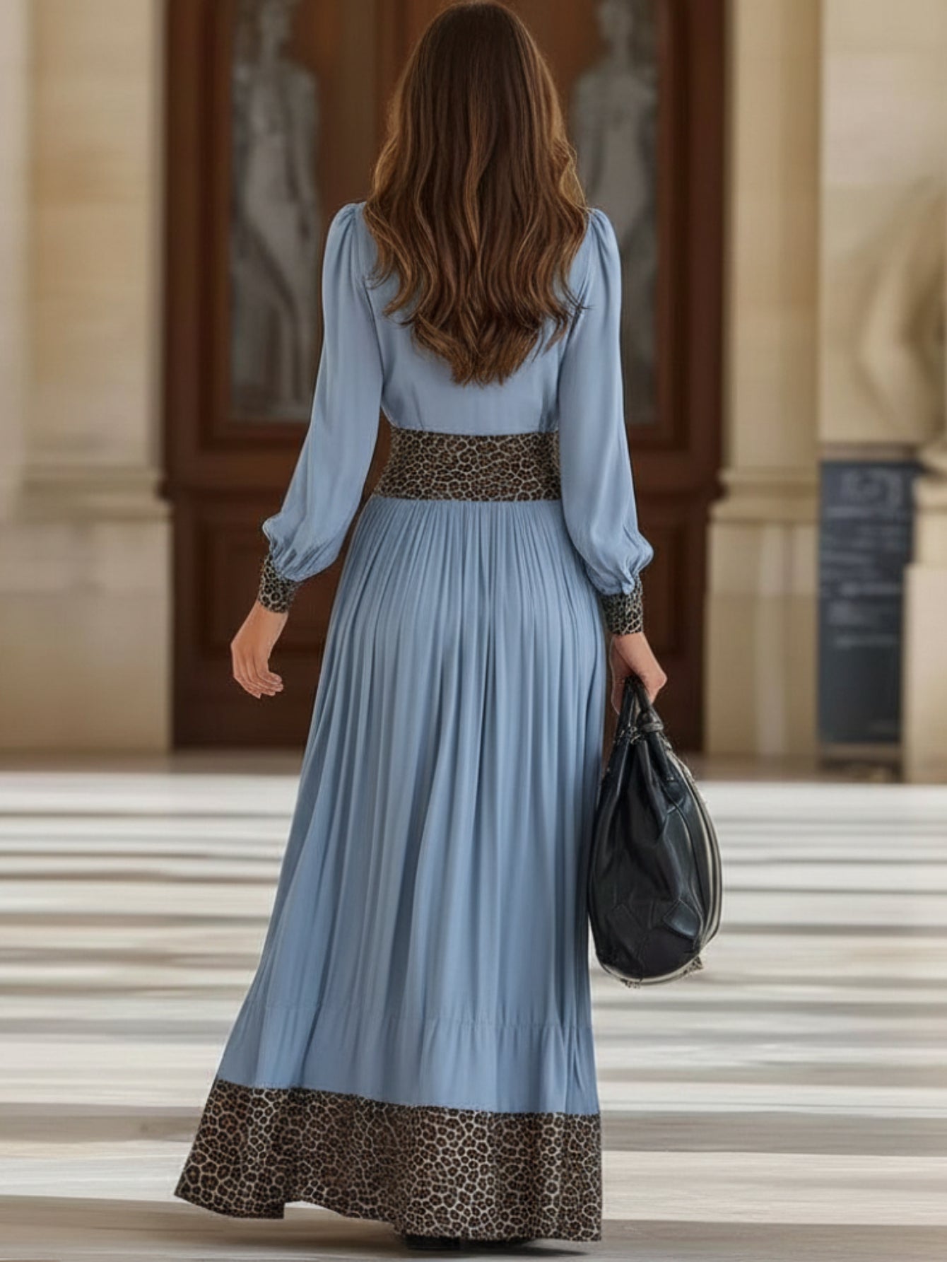 Women' Leopard Print -Neck Pleated Maxi Dress with Waist Definition - Vintage French Elegant Fitted Dress Suitable for Dates, Work & Social Events - Hand Washable Fall/Winter Long Dress