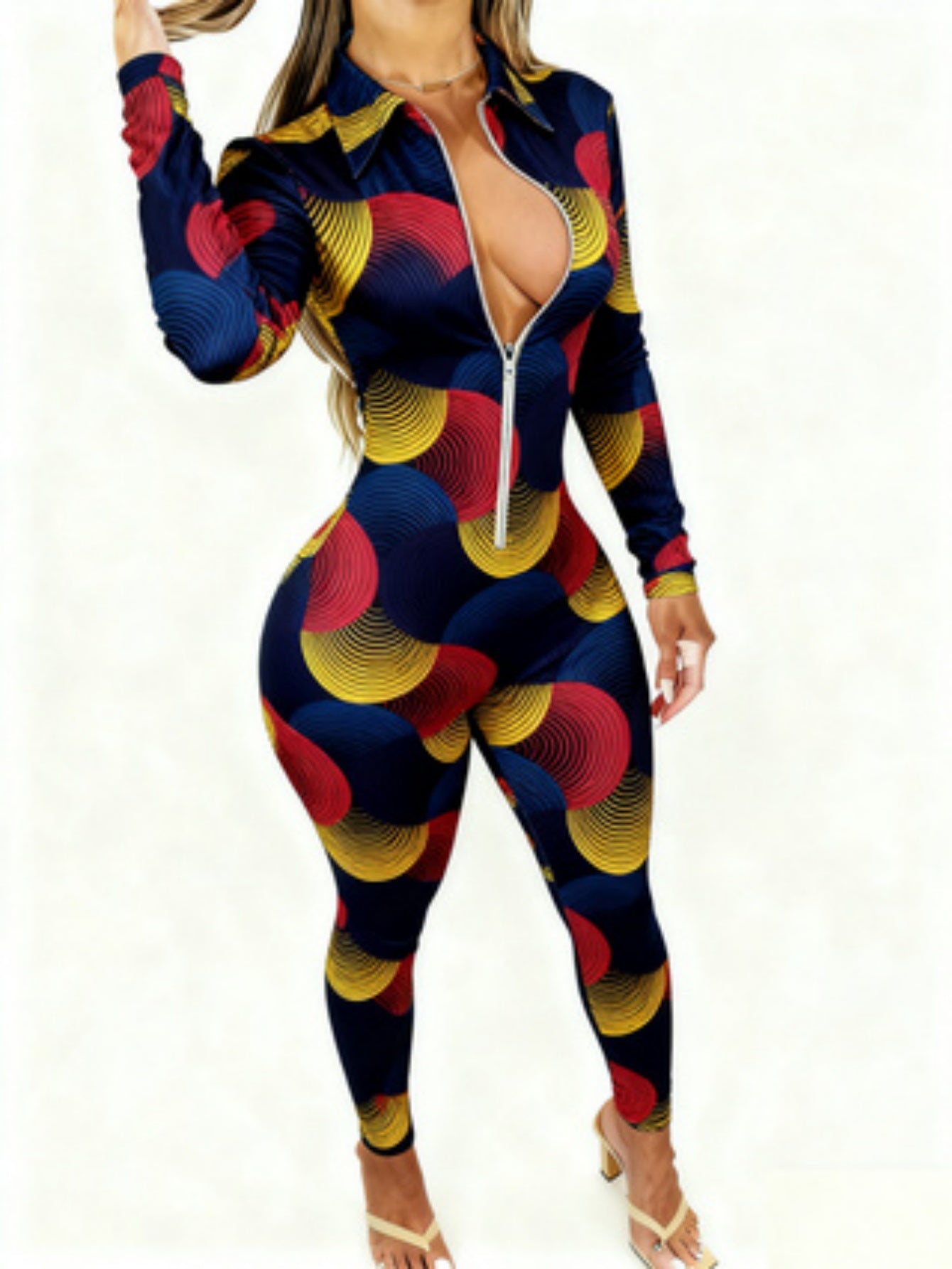Women'S Christmas 2D Printed Jumpsuit | Long Sleeve with Zipper, Casual Style, Must-Have Holiday Gift, Versatile for Spring/Summer/Fall
