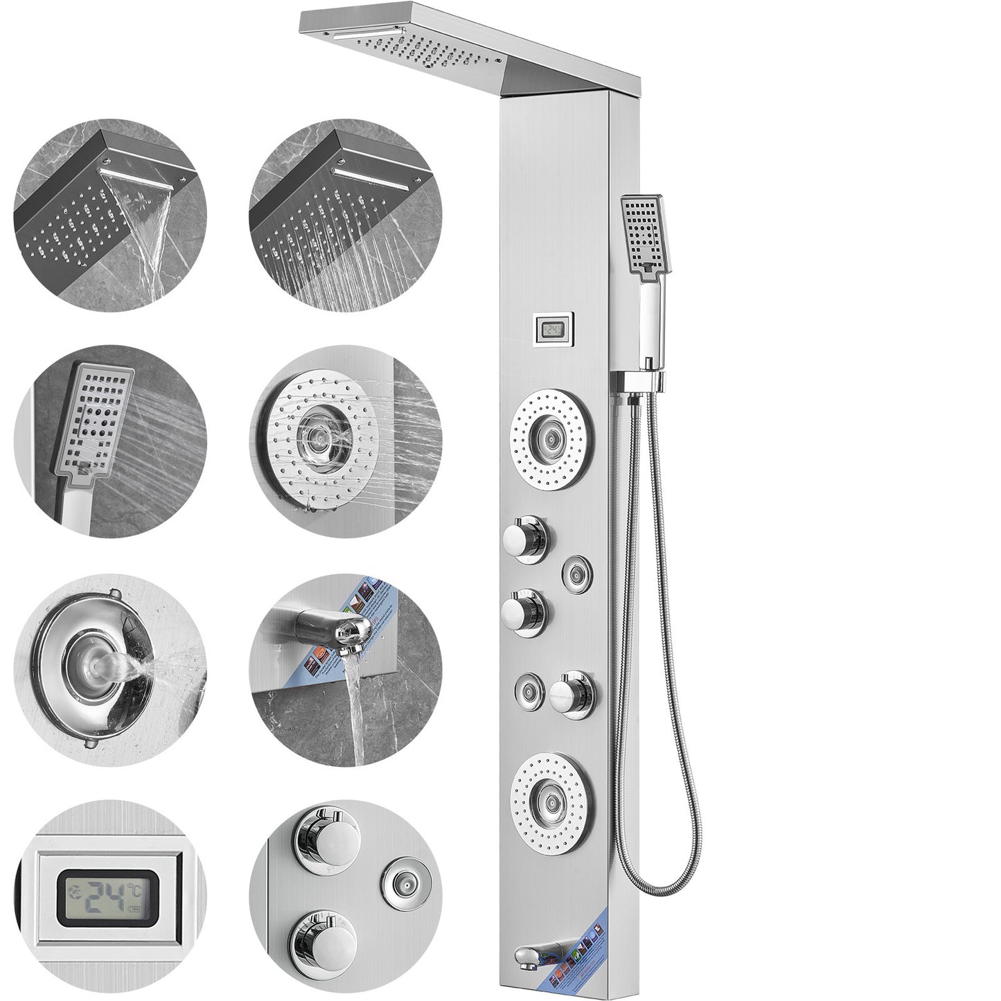 VEVOR Shower Panel System, 6 Shower Modes, LED & Display Shower Panel Tower, Rainfall, Waterfall, 4 Body Massage Jets, Tub Spout, Handheld Shower Head 59" Hose, Stainless Steel Wall-Mounted Shower Set