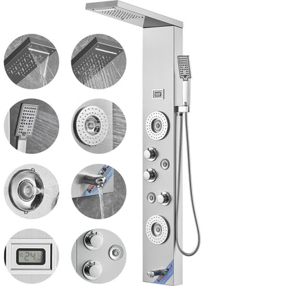 VEVOR Shower Panel System, 6 Shower Modes, LED & Display Shower Panel Tower, Rainfall, Waterfall, 4 Body Massage Jets, Tub Spout, Handheld Shower Head 59" Hose, Stainless Steel Wall-Mounted Shower Set
