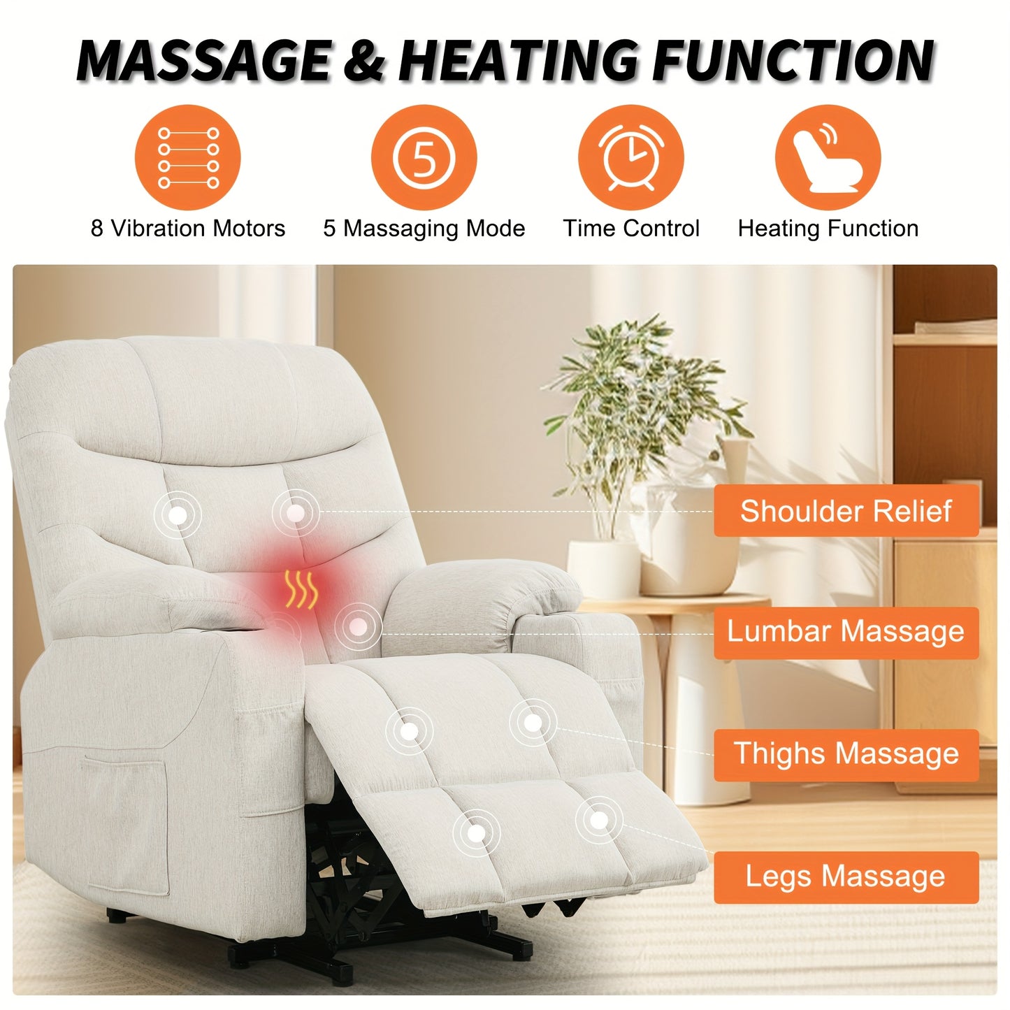Comfortable Chair For The Living Room, Relaxation, Electric Reclining Chair, Electric Reclining Chair For Adults, Electric Lifting Chair With Heating Function, Massage Function, Electric Reclining Chair With Side Pockets
