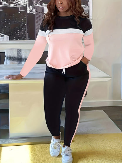 Color Block Striped Print Two-Piece Set, Round Neck Long Sleeve Top And Drawstring Pants, Women's Fashion