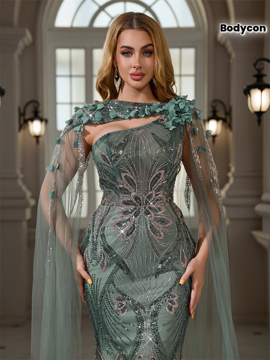 Elegant Sequined Beaded Embroidered Lace - Bodycon Mermaid Dress - with 3D Flower Applique | Crew Neck - Extra-long Train - Suitable for Parties, Weddings, and Banquets