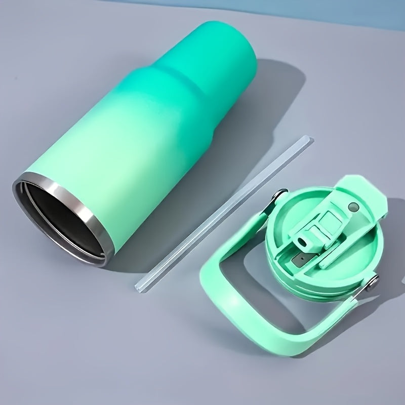 1pc 30oz Stainless Vacuum Thermos Water Bottle with Double Straws & Carry Handle - Gradient Color (Turquoise/Mint/Pastel Pink/Purple/Navy) Leakproof Large Capacity Thermos Flask for Travel, Gym,,, -, Tumbler Water Bottle, Tum