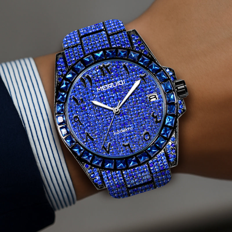 1pc Men'S Luxury Blue Steel Strap Watch - Gorgeous Starry Sky Tourbillon Mechanical Movement, Round Dial with Date Display, Alloy Case & Strap, No Battery Needed, Elegant Timepiece for Casual Attire, Formal Accessory, Sophist