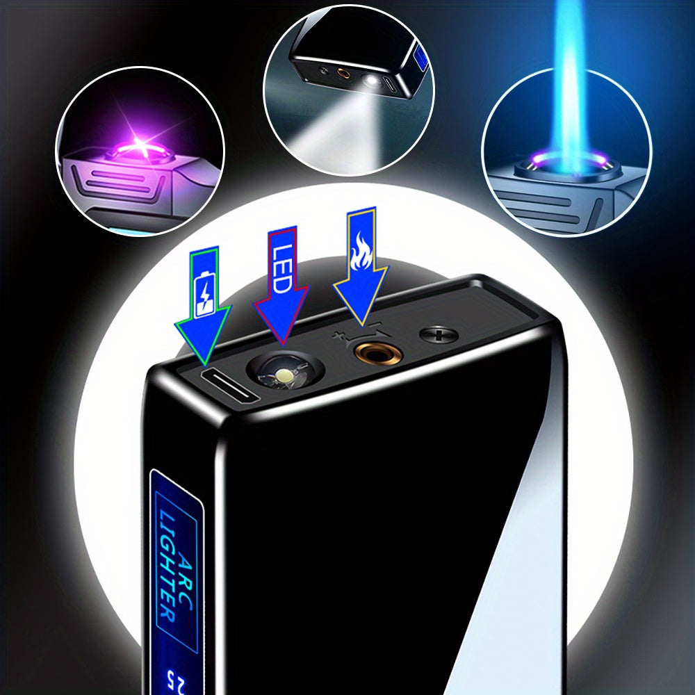 This Is a Dual Arc Gas And Electric Lighter That Features a 2-In-1 USB Charging Capability. It Is a Refillable Butane Jet Flame Torch Lighter Equipped with a Flashlight And an LED Power Display