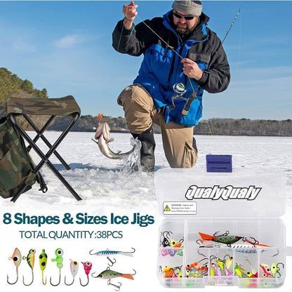 Complete Ice Fishing Rod and Reel Combo Set with Backpack, Seat, Cleats, Jigs, Line - 24/26, Medium-Light Power, Right-Handed, Fast Action, Fluorosint 500 PTFE, Ideal for Winter Fishing, Ice Fishing Gear | Camouflage Backpack