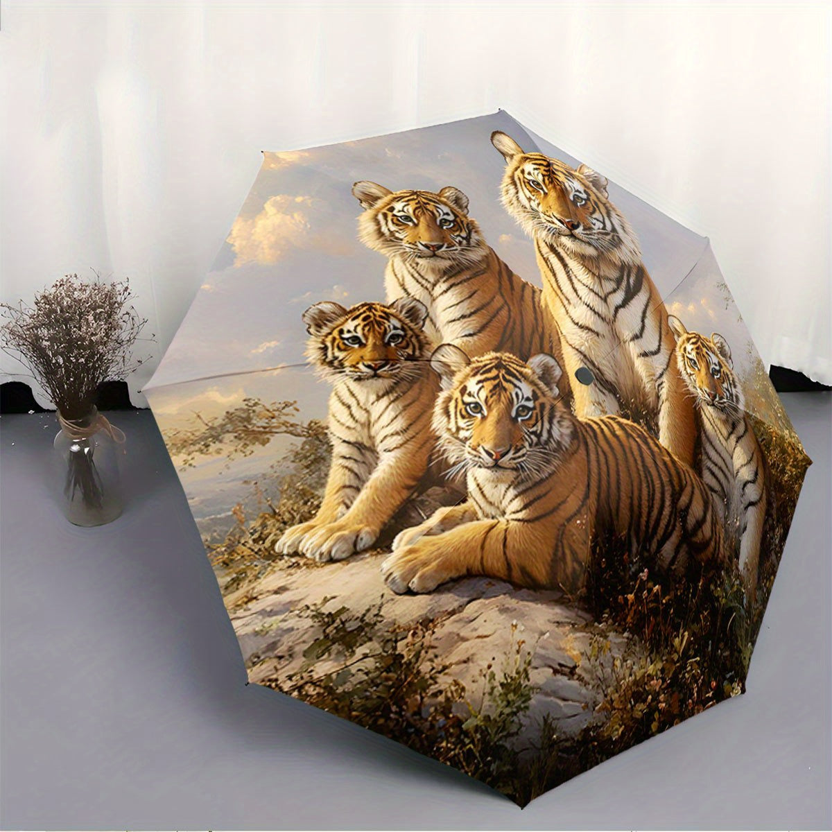 Automatic Folding Umbrella Five tigers resting on a . Portable collapsible design, casual outdoor accessory, for all seasons, Christmas birthday festival gift