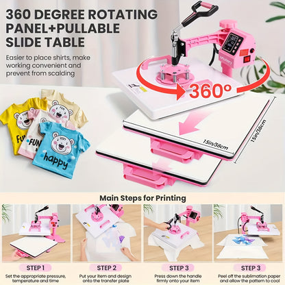 This Is a Versatile Heat Press Machine Combo Featuring an 8 in 1 And 5 in 1 Design, with Dimensions of 15"X15" And 15"X12". It Has a Rotatable Design And Is Suitable for Transferring Images Onto Various Items Such As T-Shirts