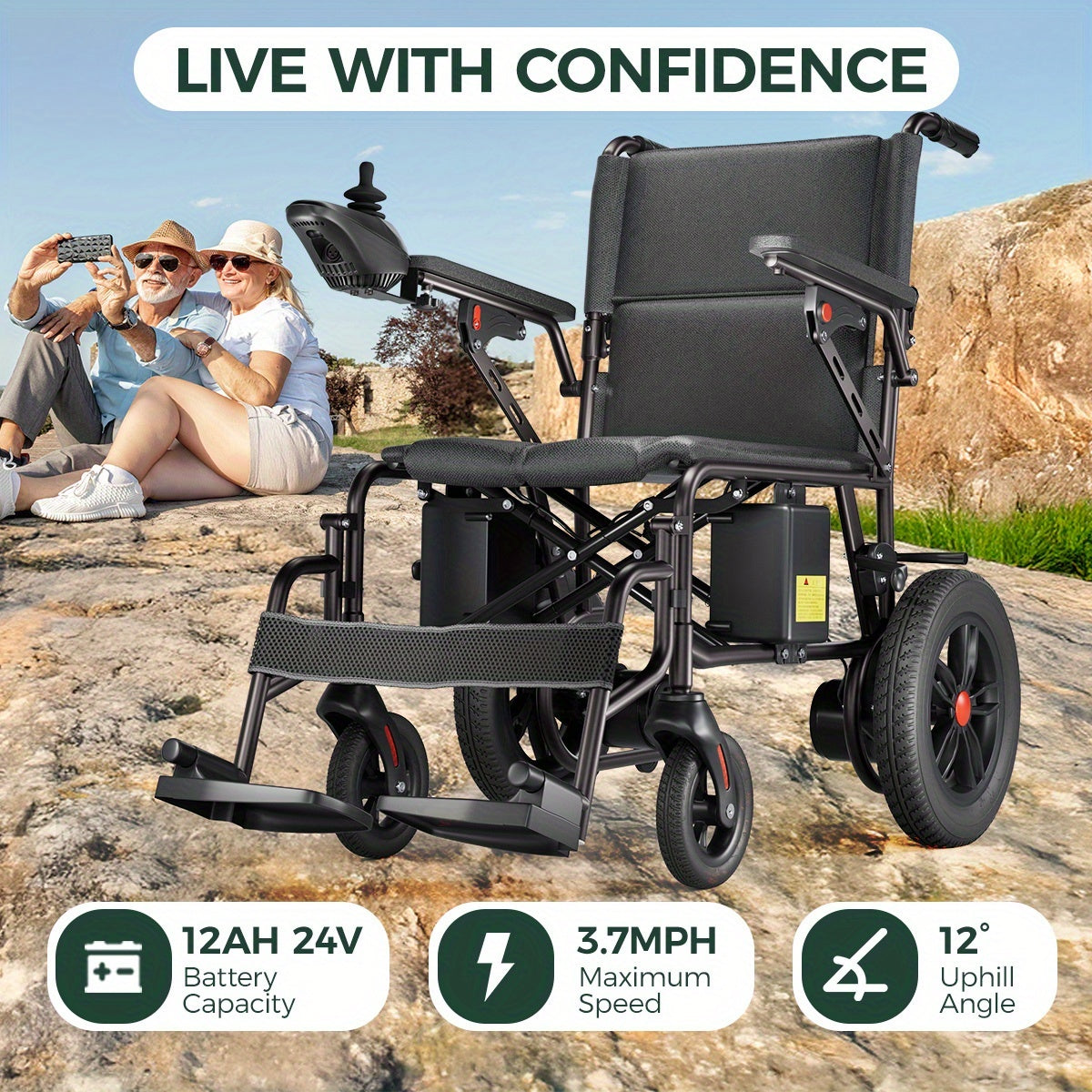 All-Terrain Foldable Smart Chair - 15+ Miles Range, 360° Smart Joystick, Dual Motor Power! for Seniors & Adults