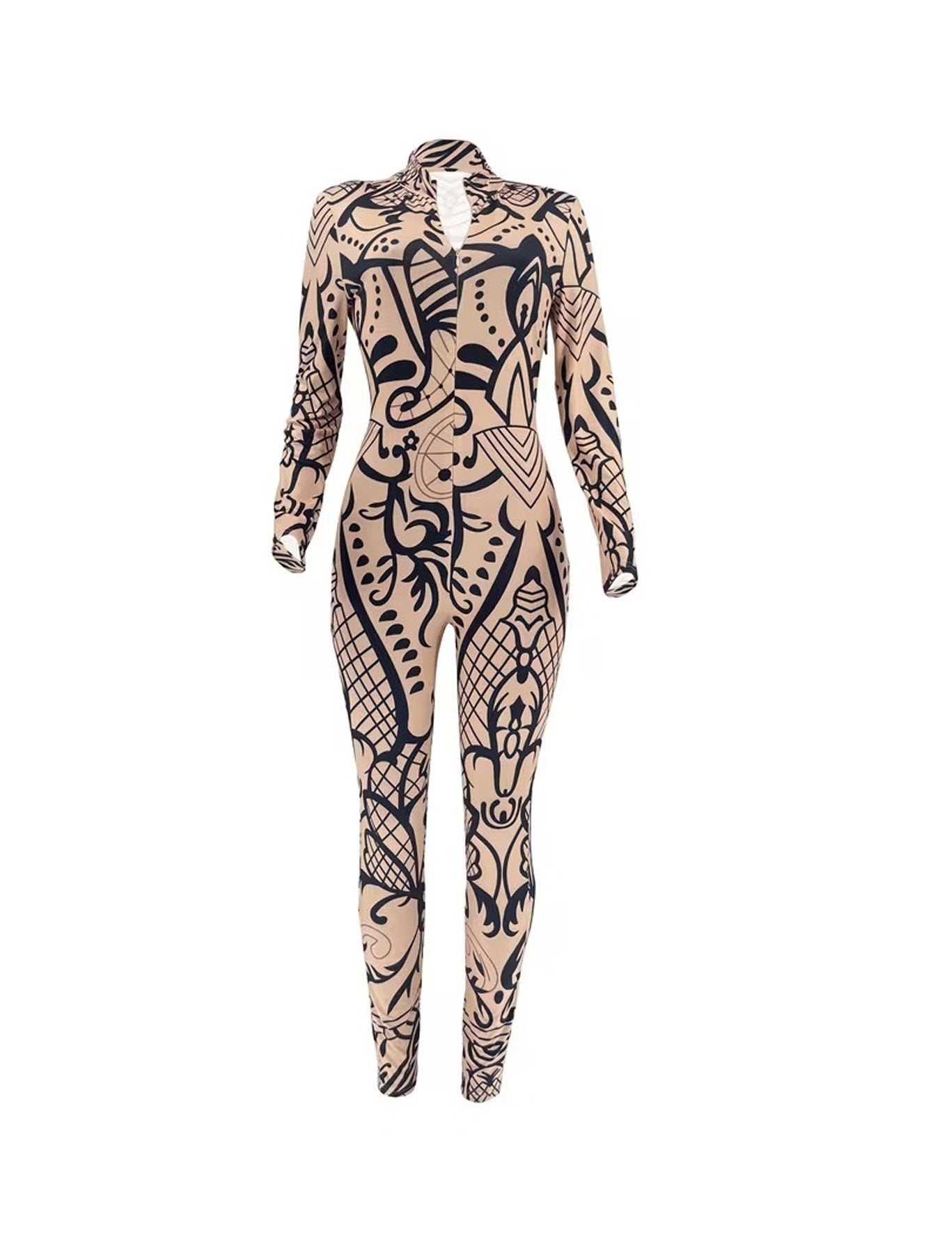 Plus Size, Fashion Women's Clothing | Women's Zip - Up Jumpsuit Set | Light Base with Black Line Patterns | Long Sleeve Full - Zip Design | Slim Fit | Suitable for Multiple Daily Casual Occasions