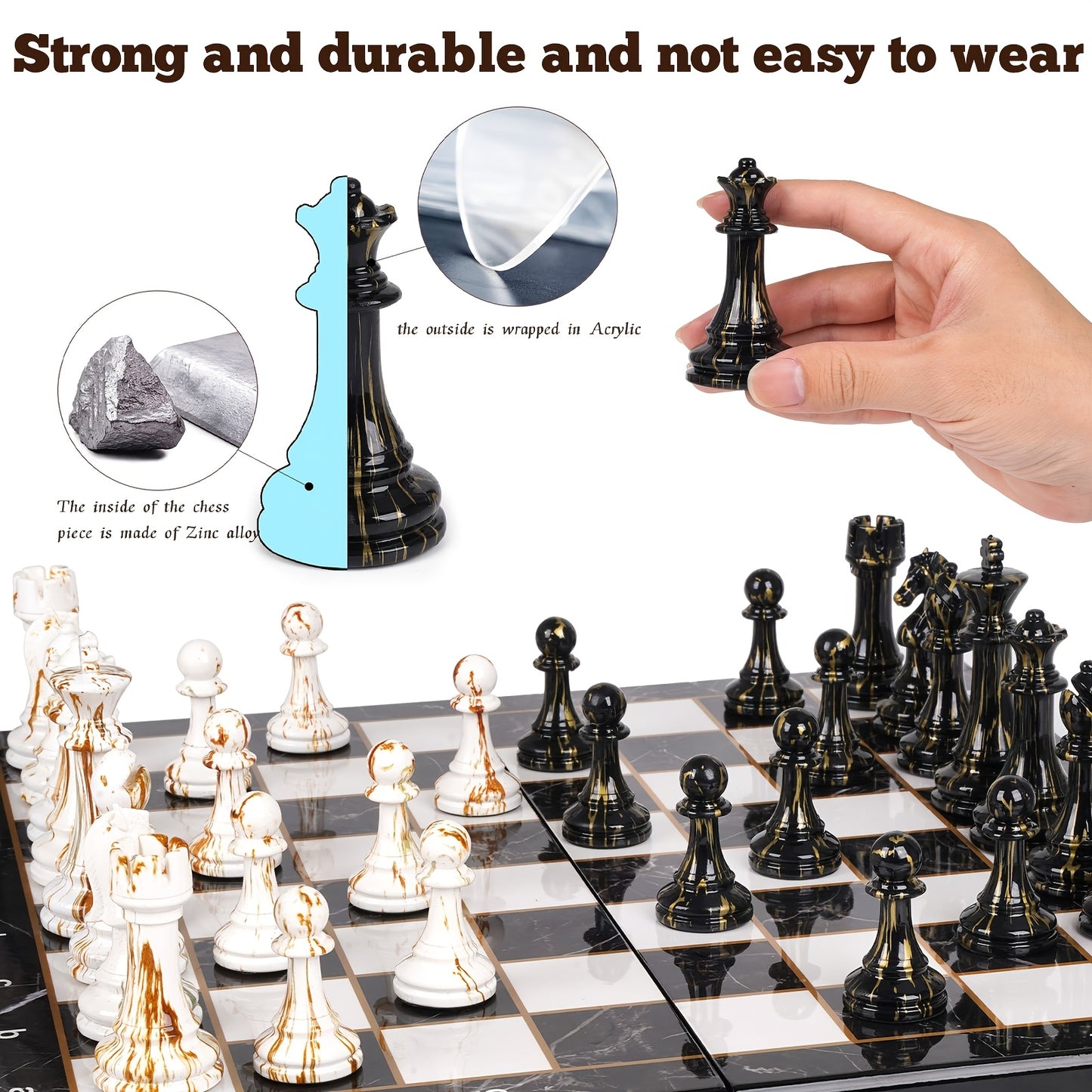 15" Large Chess Set For Adults With Weighted Acrylic Chess Pieces 3.5" King Portable Folding Marbling Wooden Chess Board Travel Chess Sets Family Board Game Gift Elegant Classic Chess Game