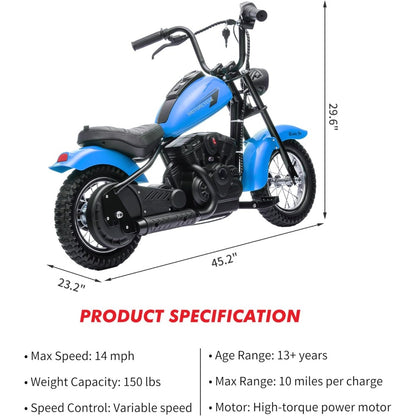 Children's Electric Dirt Bike 24V, Maximum Load Capacity 150 Lbs, 15 Mph Speed, Chain Drive Motor with 12-inch Pneumatic Tires, Handbrake and Shock Absorbers, LED Lights, Battery Indicator, Suitable for Boys and Girls Ride on