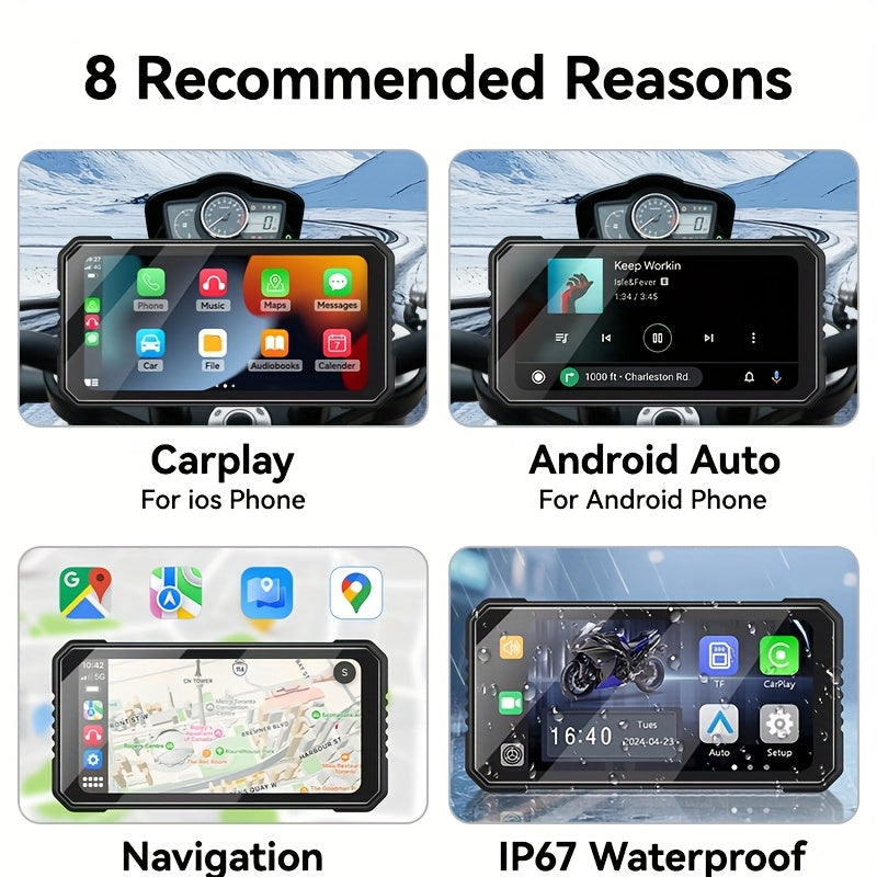 VENBES 6.25-Inch Motorcycle Navigation System with Wireless CarPlay & Android Auto, IP67 Waterproof, Wireless Compatible, for Mount Computer Compatible for /MAPs/Navigations