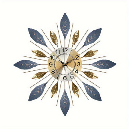 1pc Large Modern Metal Wall Clock 21.6 Inch - Silent Non-Ticking Modern Square/Rectangular Design with Golden-Toned Hands & Blue Leaf Face, White Numerals - Elegant Large Wall Clock for Living Room, Bedroom, Home Decor in Gol