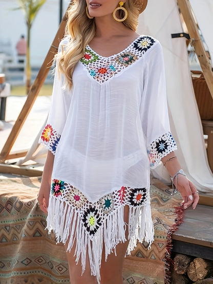 Fashionable Hollowed Out Summer Sexy V-neck Vacation Style Colorful Crochet Flower Collar Solid Color Splicing Mid Sleeve Long Tassel Perspective Loose Sexy Cover Shirt