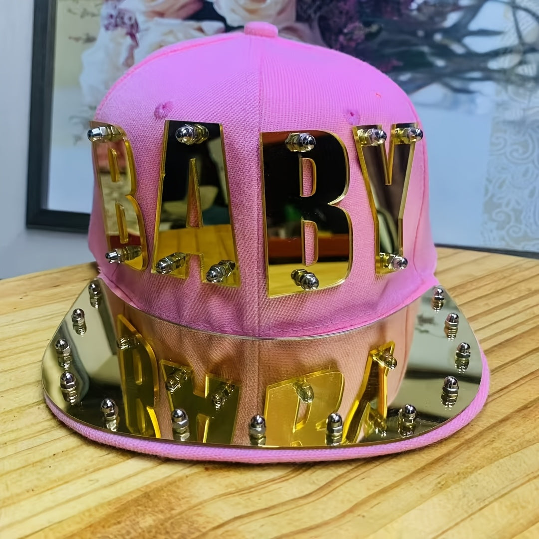 Punk Style Men'S Baseball Cap, 100% Polyester Lightweight Flat Brim Hat with Alphabet Pattern and Embellishments, Non-Stretch Fabric