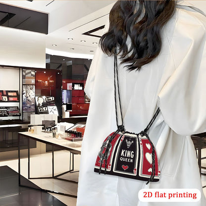 1pc Women's King & Queen Playing Card Print Crossbody Bag - Vibrant Red/Black/White Design with Hearts & Spades, Lightweight Drawstring Closure, Reusable Polyester Purse for Weddings, Parties, Travel, Everyday Use - Gift Idea