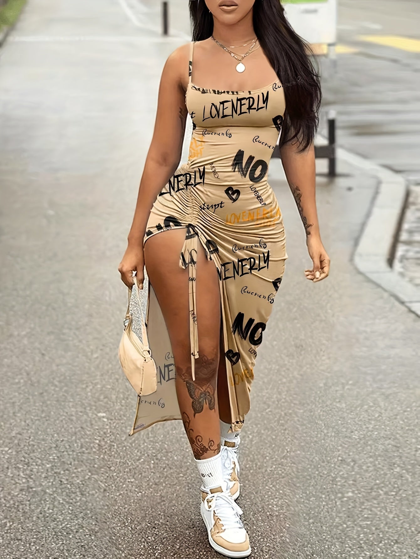 Women's Sexy Geometric Print Open Back Split Hem Dress - Stretchy Spaghetti Strap High Elasticity Machine Washable All-Season Casual to Evening Wear, Street Style Attire | Casual Chic Wear | Accessory Coordination