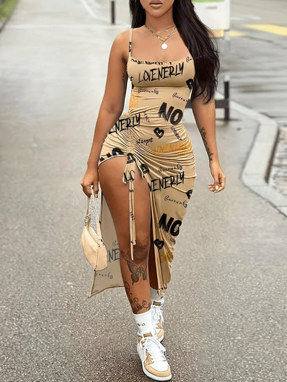 Women's Sexy Geometric Print Open Back Split Hem Dress - Stretchy Spaghetti Strap High Elasticity Machine Washable All-Season Casual to Evening Wear, Street Style Attire | Casual Chic Wear | Accessory Coordination